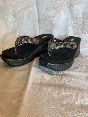 Volatile Black Platform Flip Flops with Silver Rhinestone Straps